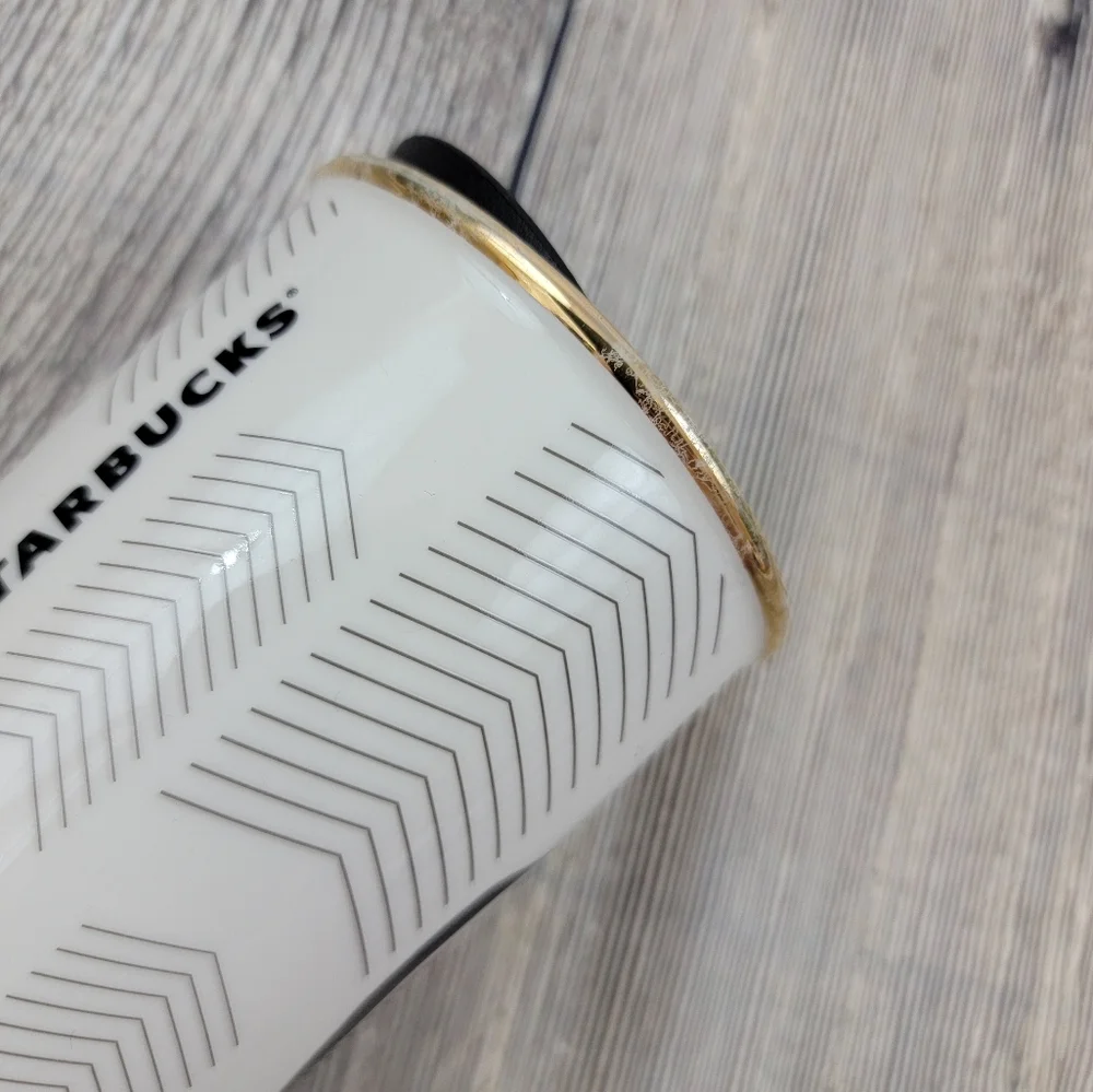 Starbucks Travel Ceramic Cup Tumbler Coffee Tea Love Heart Gold Chevron